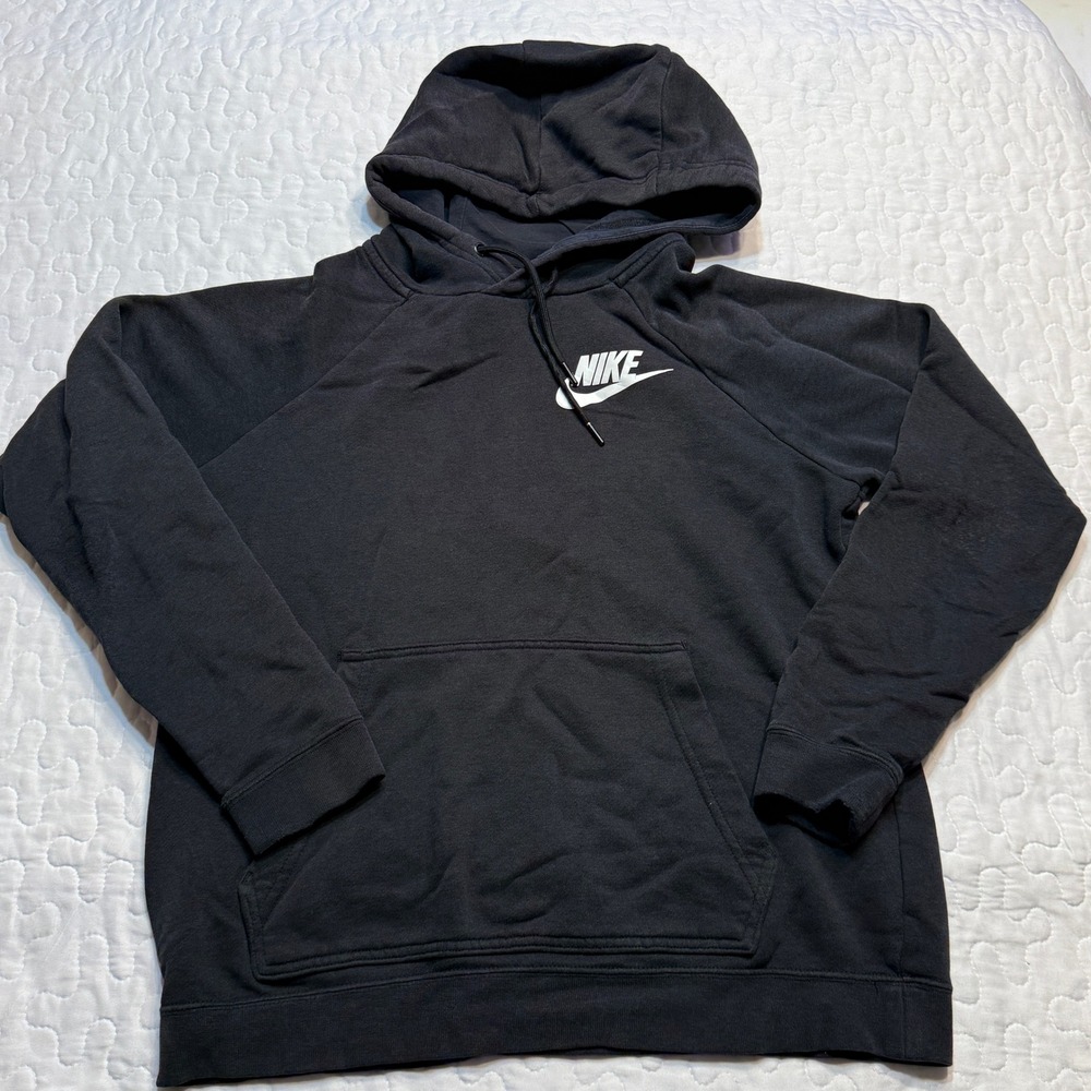 Nike WOMEN Small Black Pullover Hoodie Raglan Sleeve Logo Graphic GYM LOUNGE
